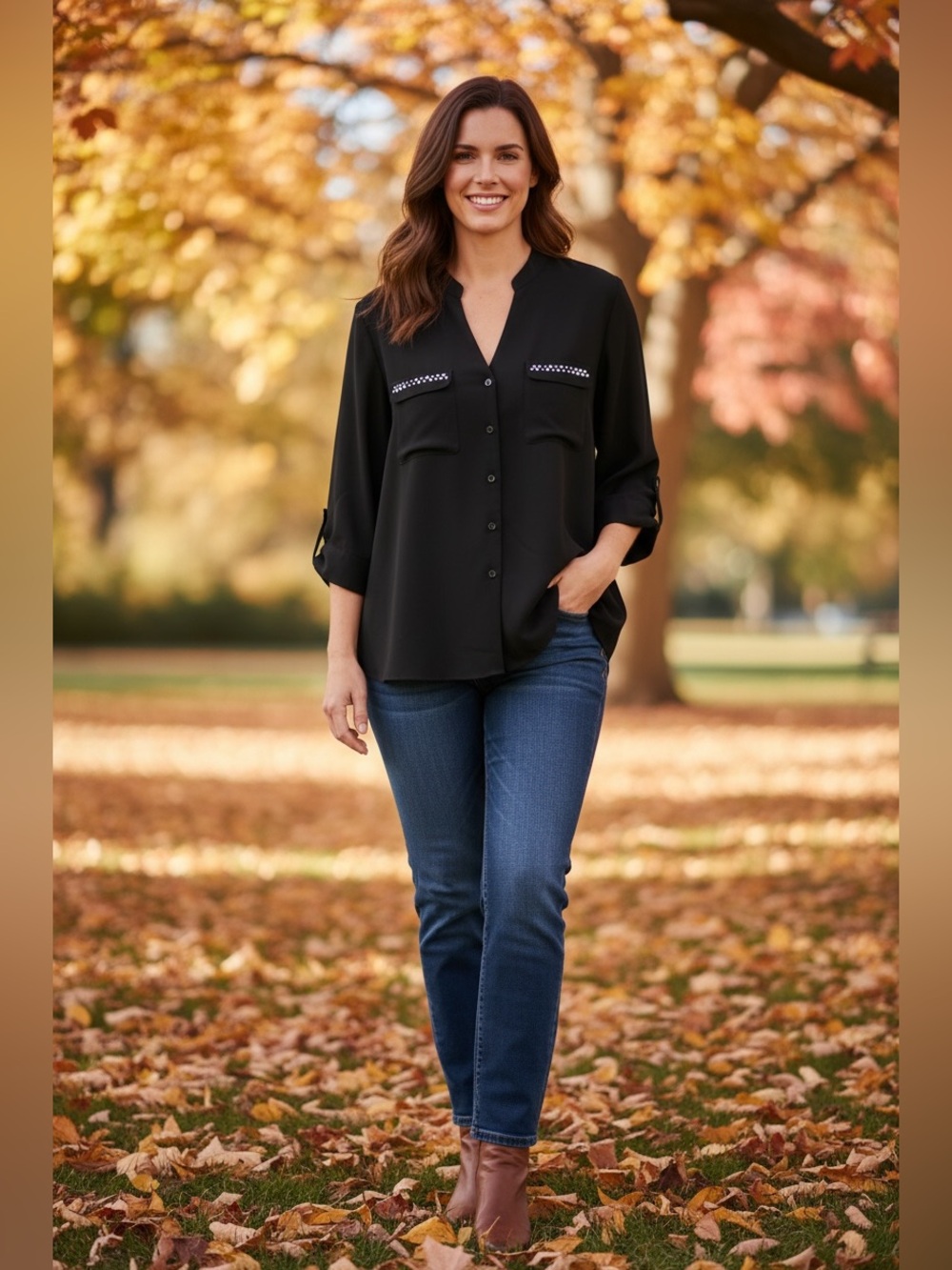 Maggie Barnes Black Button-Front Blouse with Pocket Trim